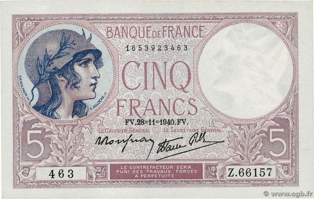 5 Francs FEMME CASQUÉE modifié FRANCE  1940 F.04.15 SUP+