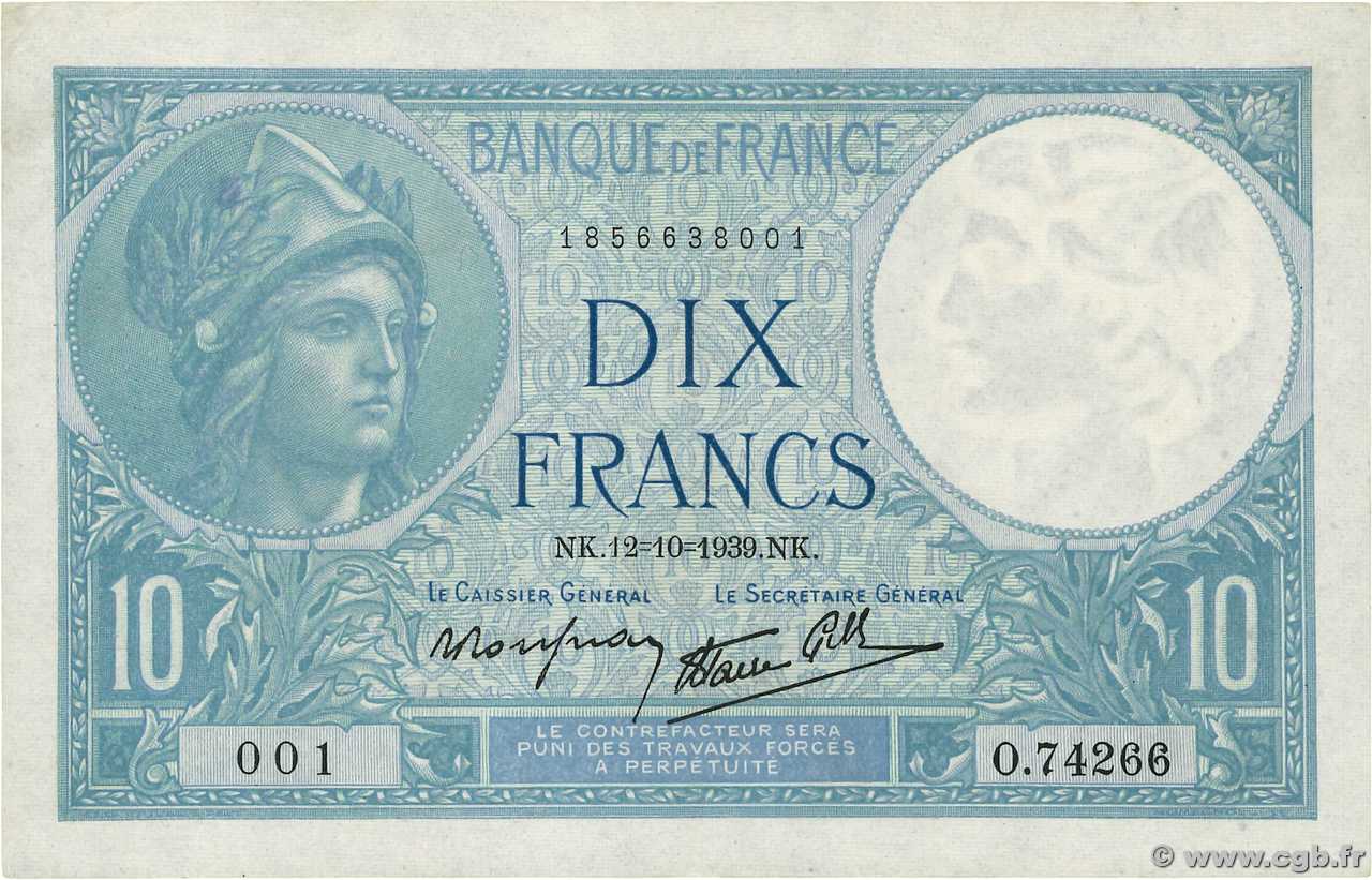 10 Francs MINERVE modifié FRANKREICH  1939 F.07.11 fVZ