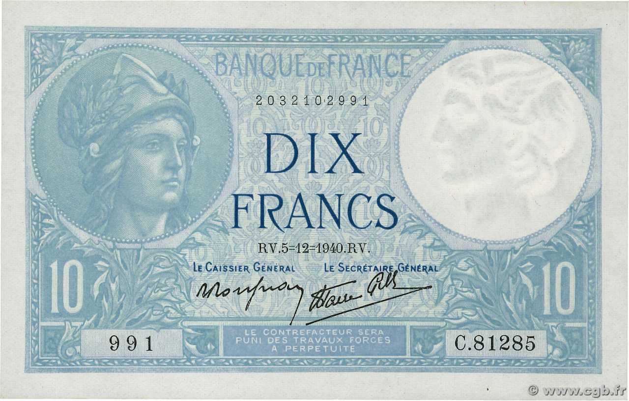 10 Francs MINERVE modifié FRANCE  1940 F.07.23 TTB+