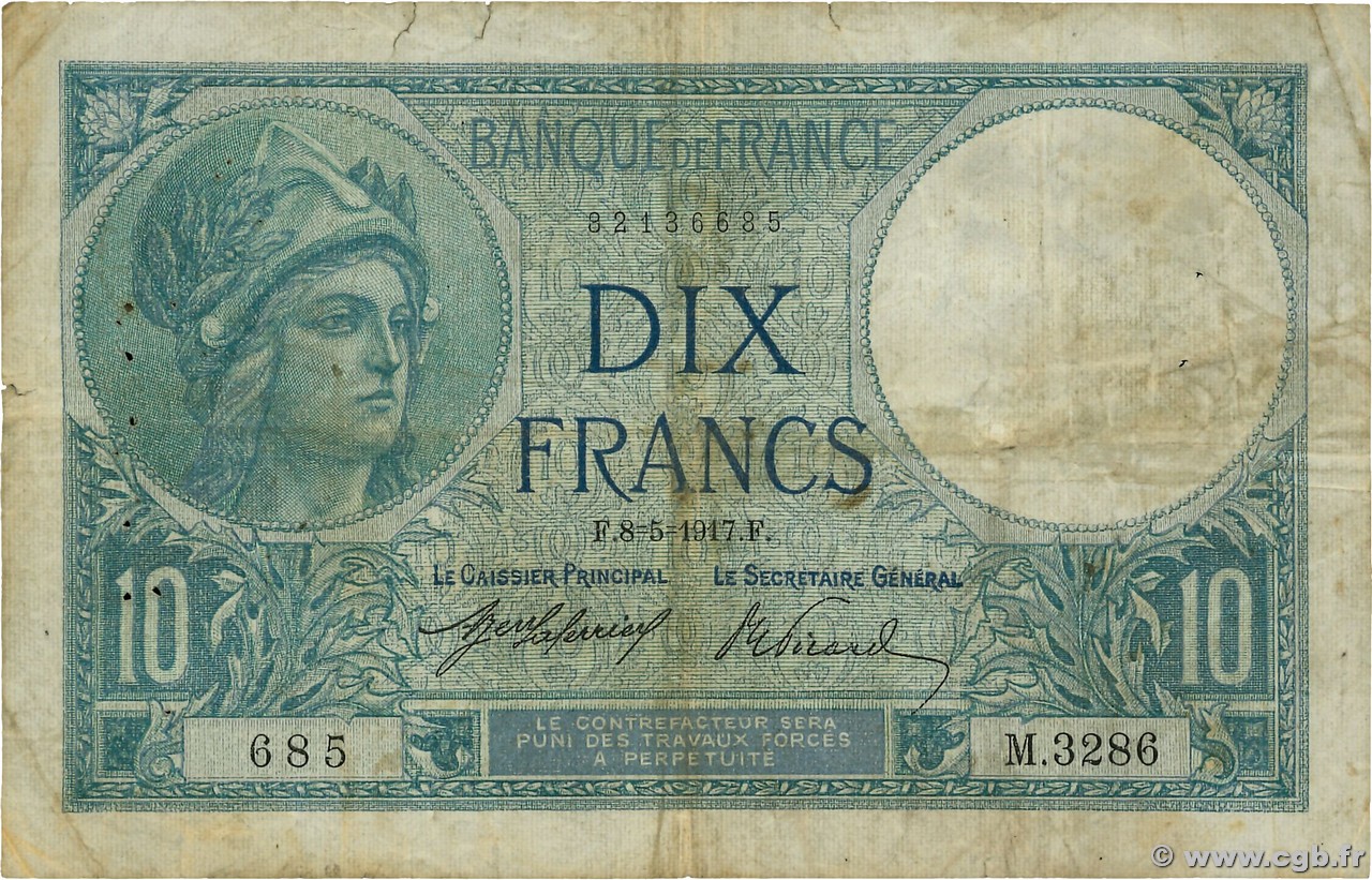 10 Francs MINERVE FRANCE  1917 F.06.02 B