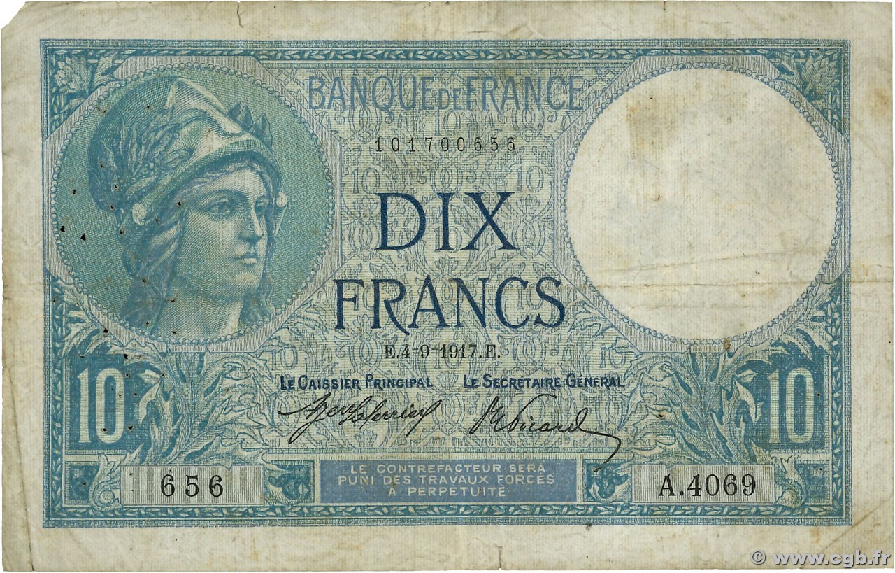 10 Francs MINERVE FRANCE  1917 F.06.02 B+