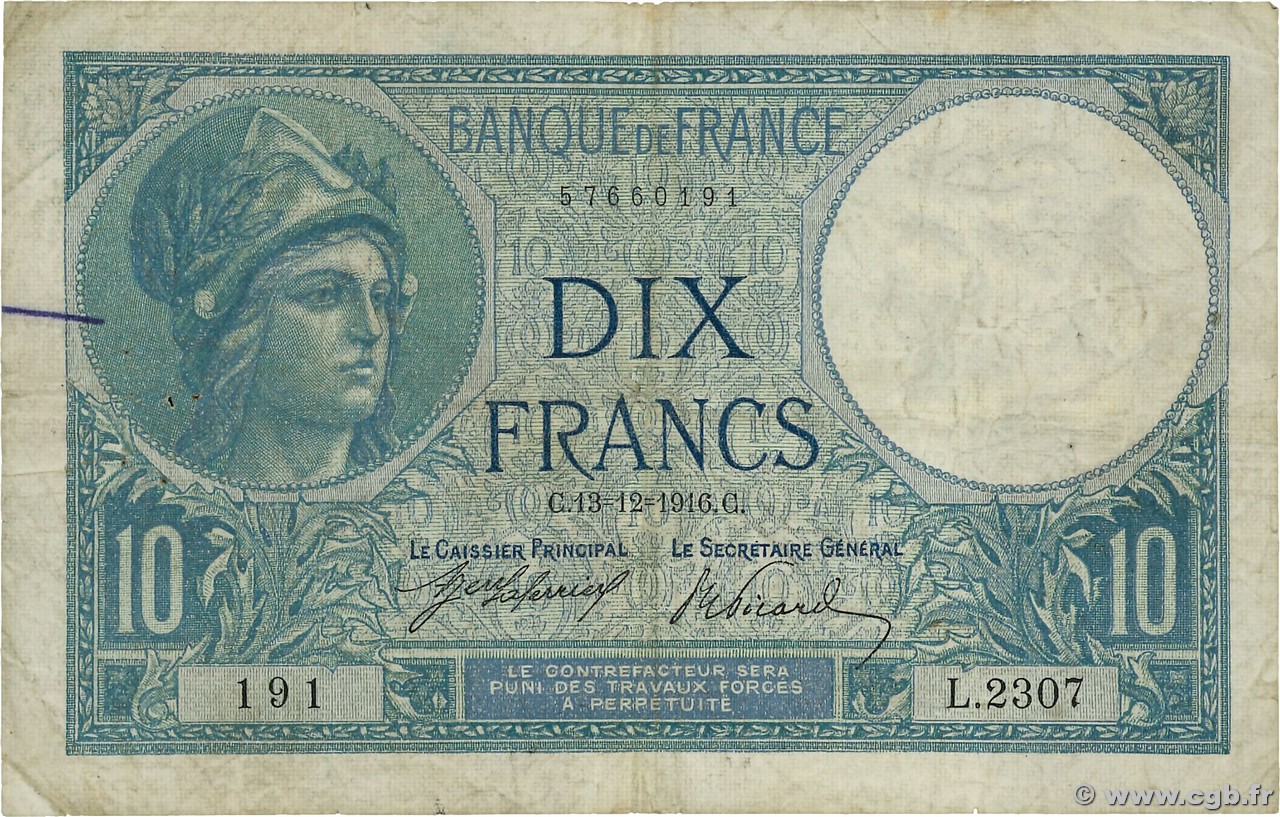 10 Francs MINERVE FRANCE  1916 F.06.01 B+