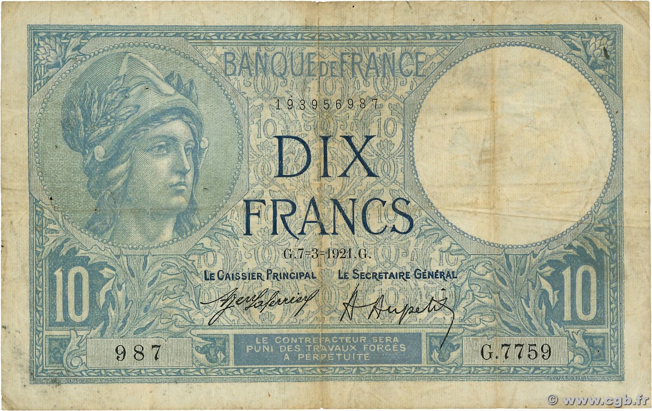 10 Francs MINERVE FRANCIA  1921 F.06.05 q.MB