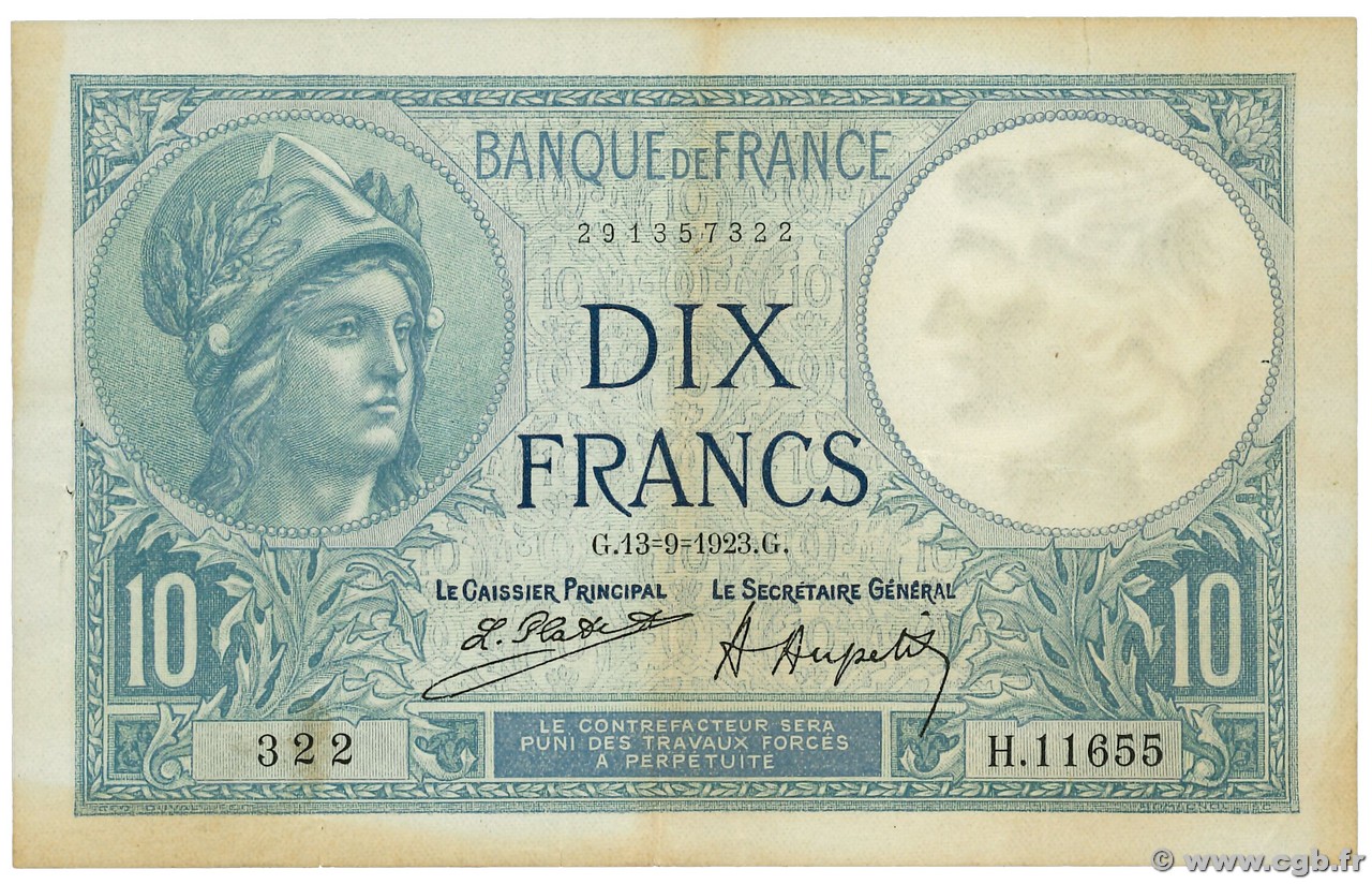 10 Francs MINERVE FRANCE  1923 F.06.07 TB