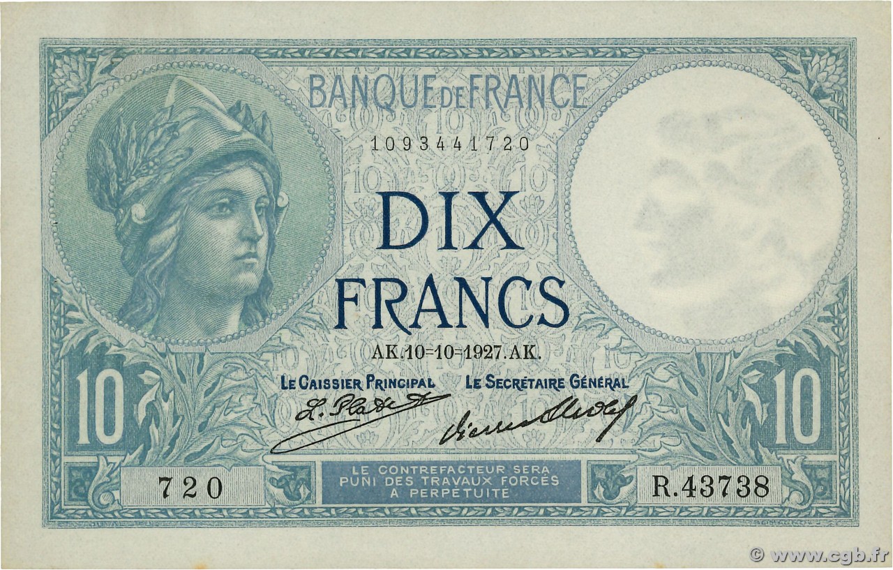10 Francs MINERVE FRANCE  1927 F.06.12 XF