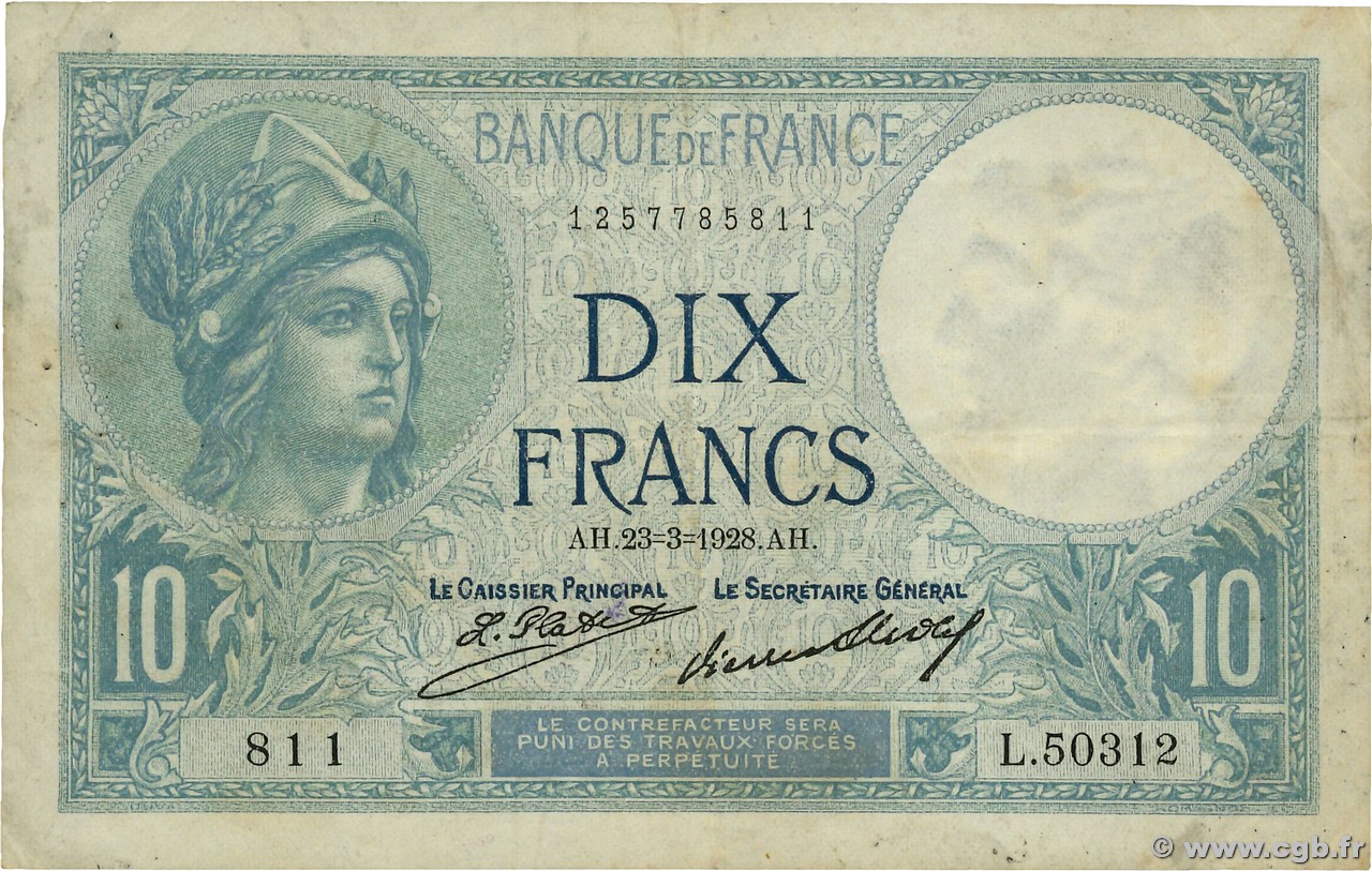 10 Francs MINERVE FRANCE  1928 F.06.13 TB