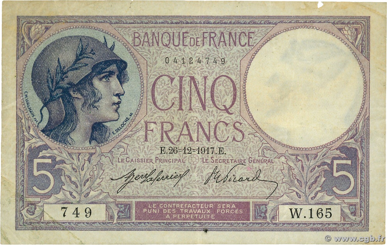 5 Francs FEMME CASQUÉE FRANCIA  1917 F.03.01 BC