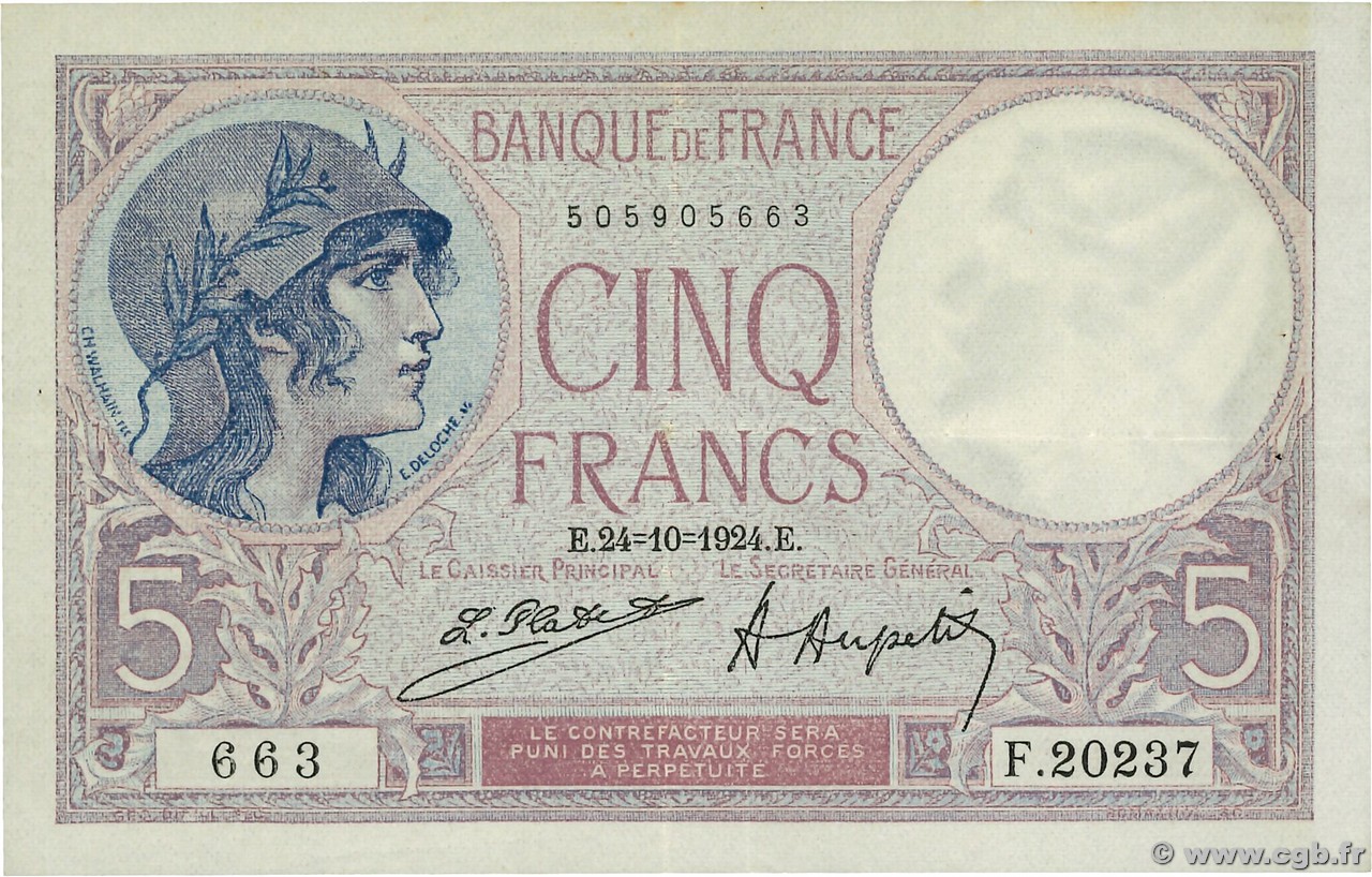 5 Francs FEMME CASQUÉE FRANCE  1924 F.03.08 TTB