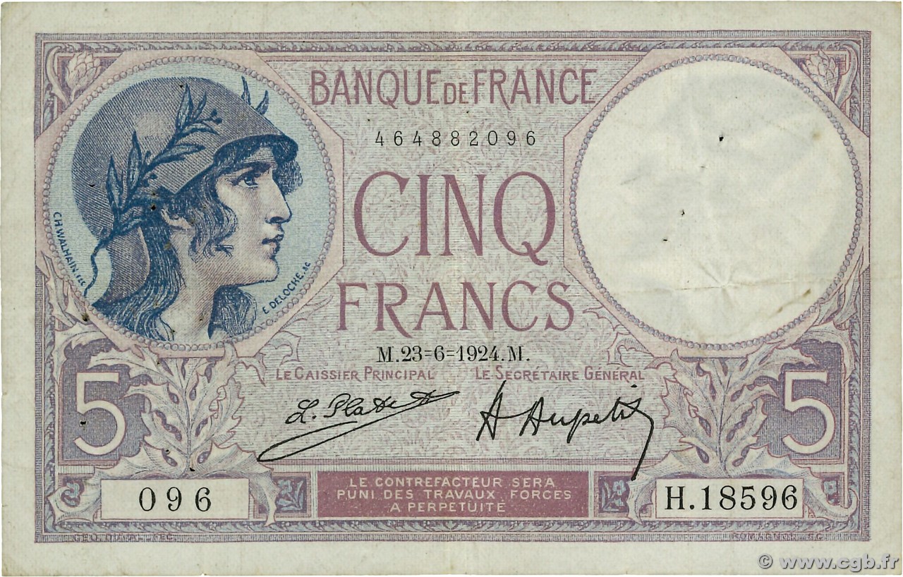 5 Francs FEMME CASQUÉE FRANKREICH  1924 F.03.08 S