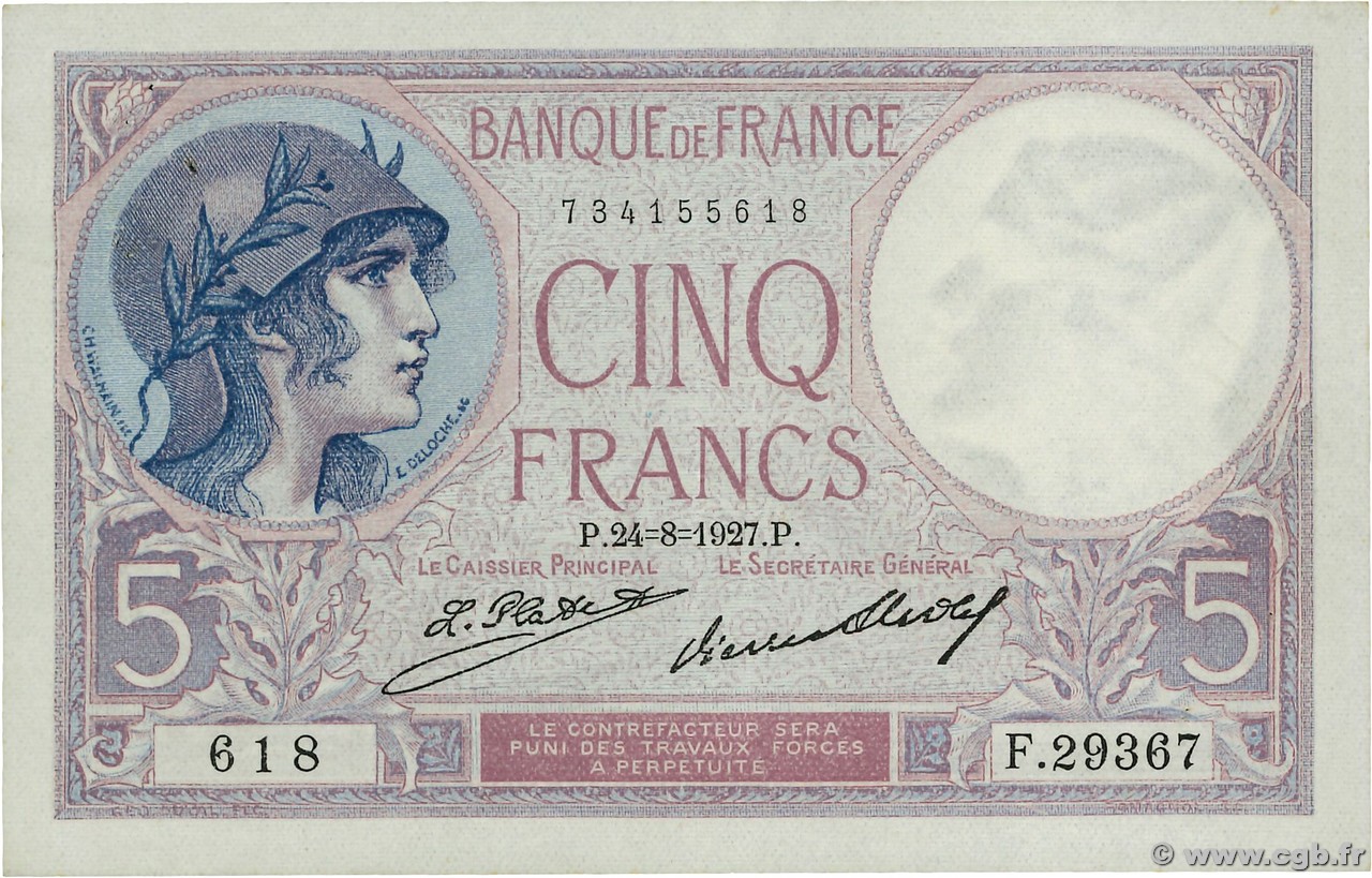 5 Francs FEMME CASQUÉE FRANCIA  1927 F.03.11 q.SPL
