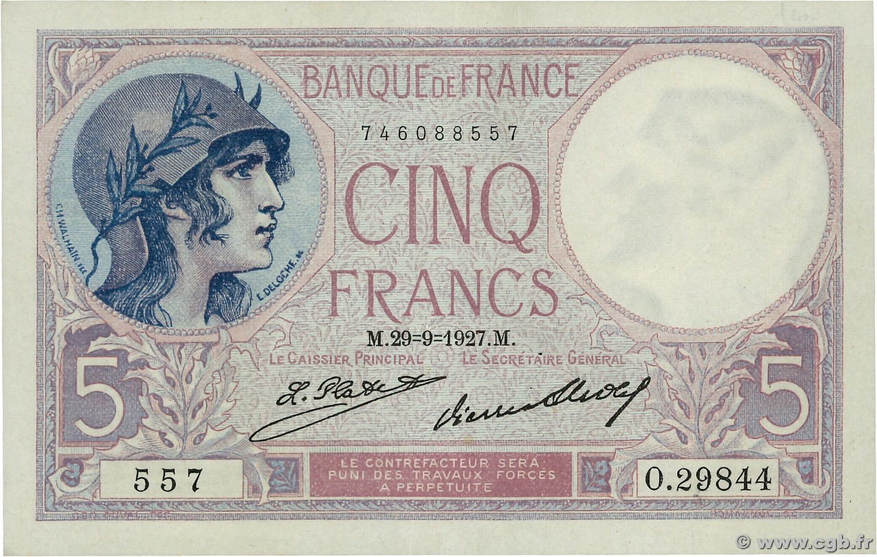 5 Francs FEMME CASQUÉE FRANCIA  1927 F.03.11 SPL