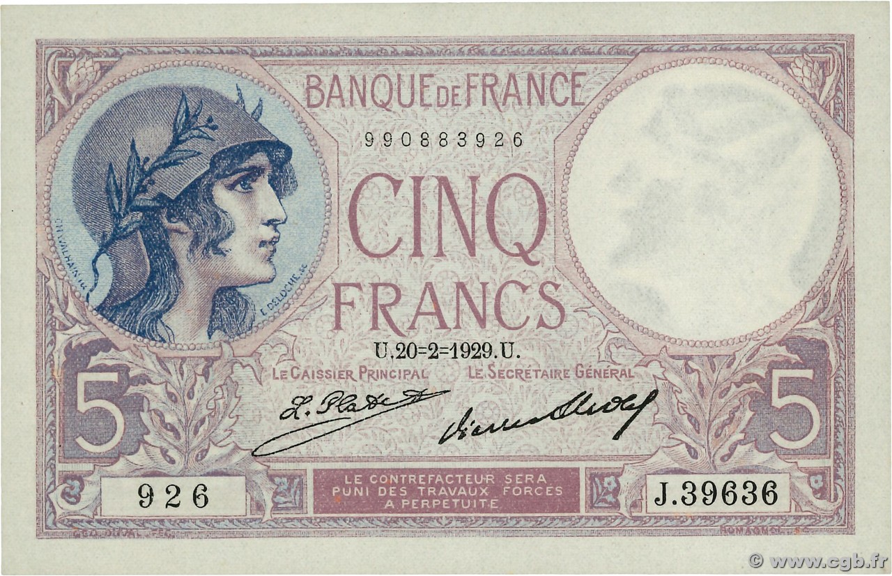 5 Francs FEMME CASQUÉE FRANCE  1929 F.03.13 XF+