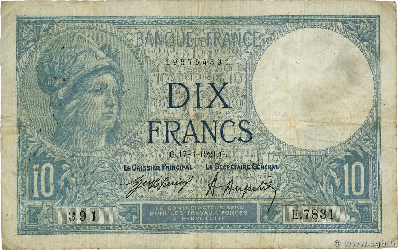 10 Francs MINERVE FRANCE  1921 F.06.05 pr.TB