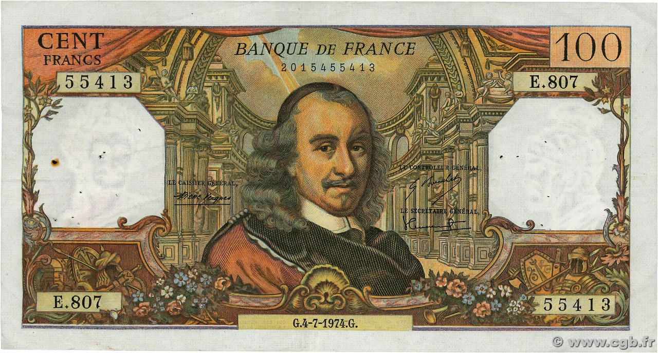 100 Francs CORNEILLE FRANCIA  1974 F.65.46 MBC