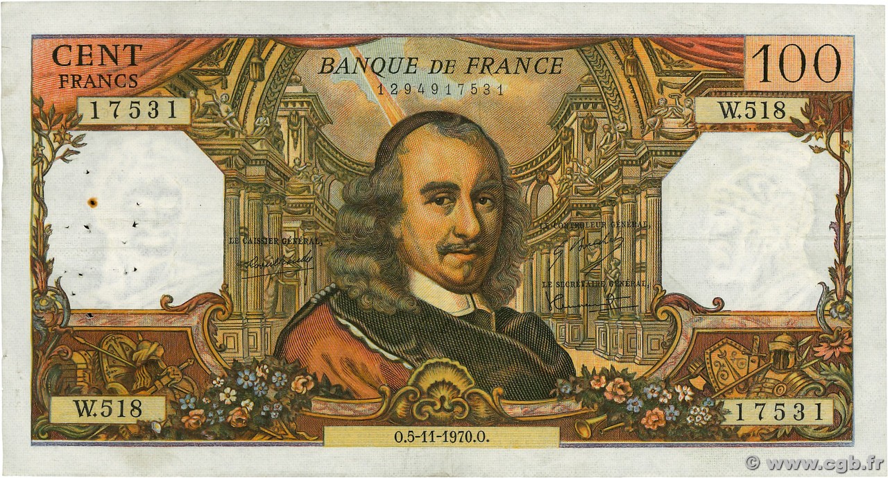 100 Francs CORNEILLE FRANCIA  1970 F.65.33 q.BB