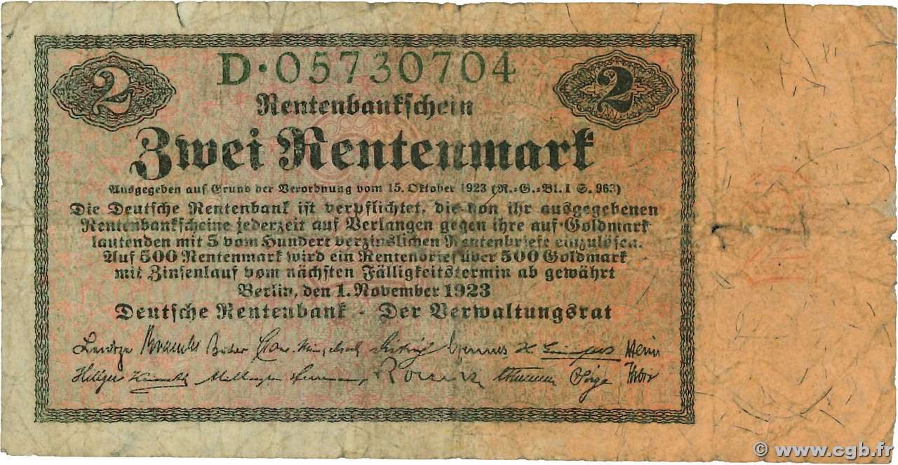 2 Rentenmark GERMANIA  1923 P.162 q.B