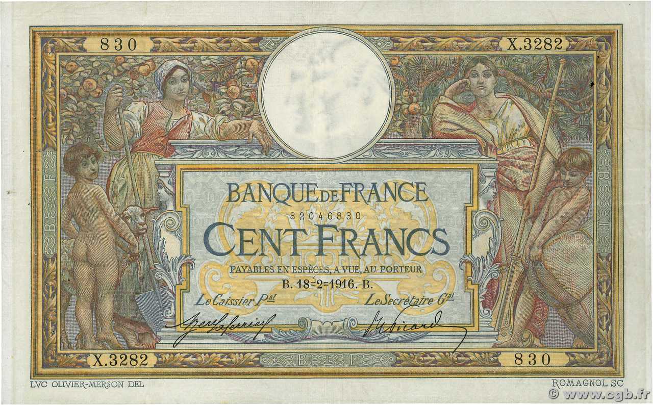 100 Francs LUC OLIVIER MERSON sans LOM FRANCE  1916 F.23.08 TB