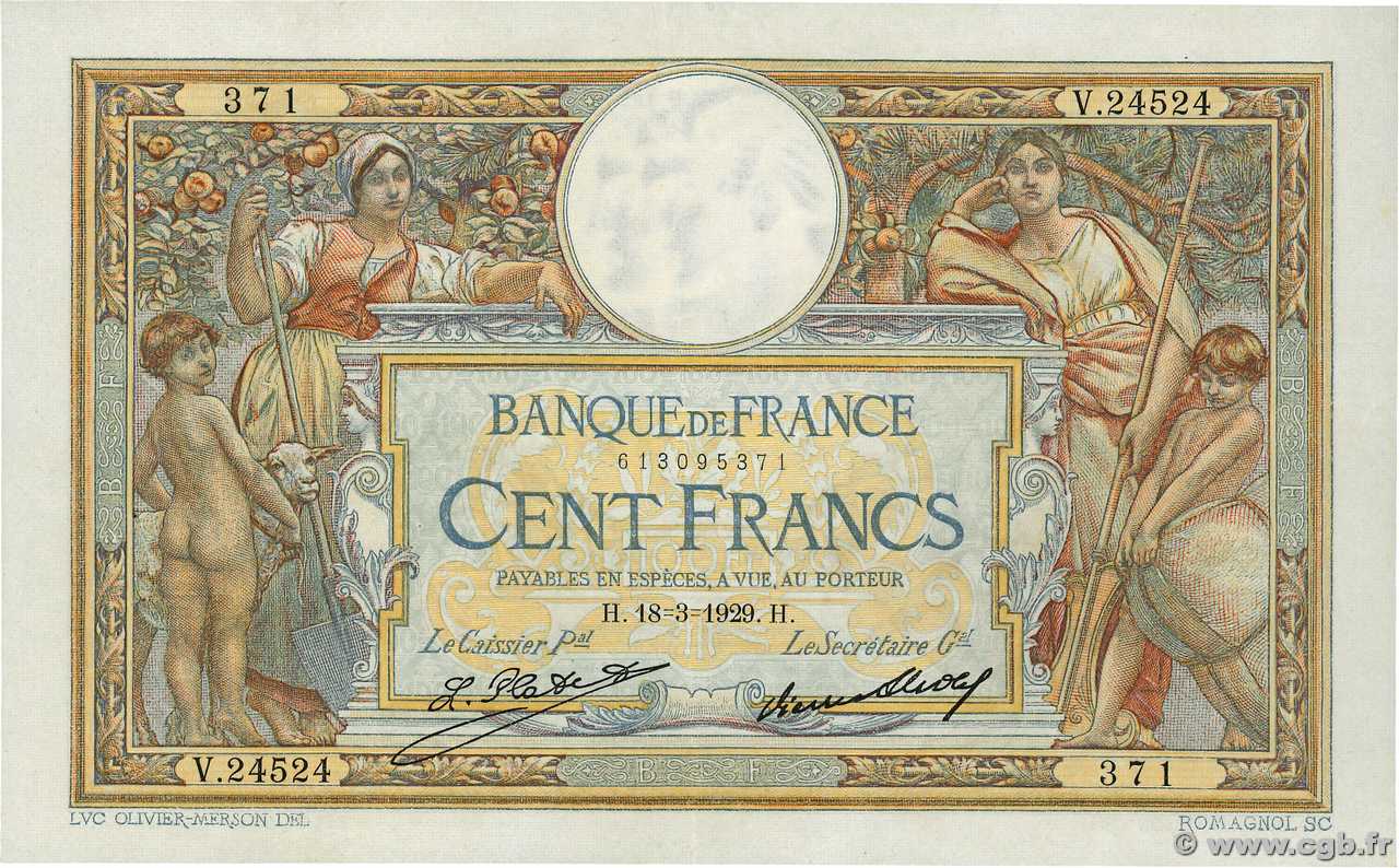 100 Francs LUC OLIVIER MERSON grands cartouches FRANCIA  1929 F.24.08 SPL