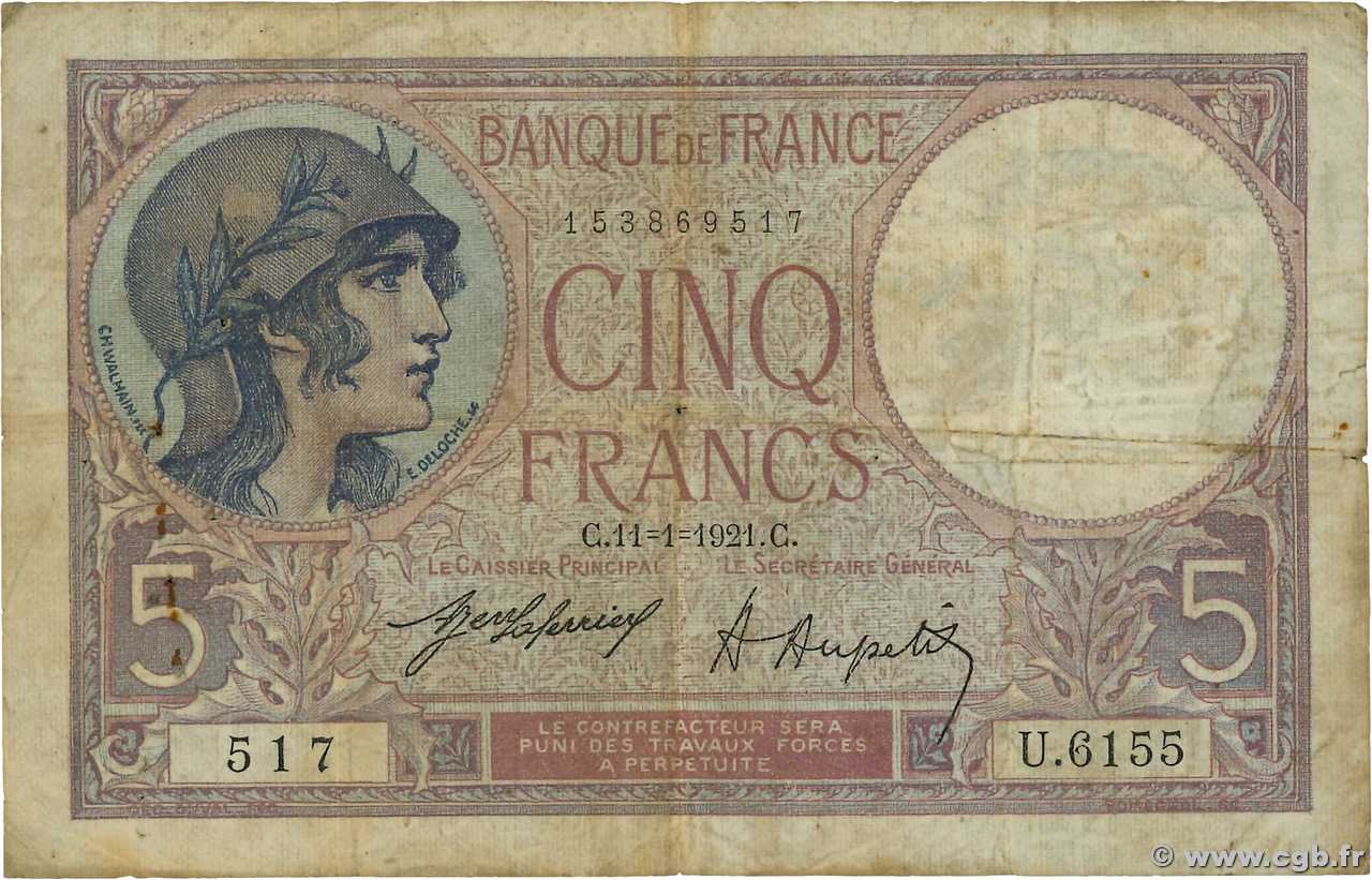 5 Francs FEMME CASQUÉE FRANCE  1921 F.03.05 B