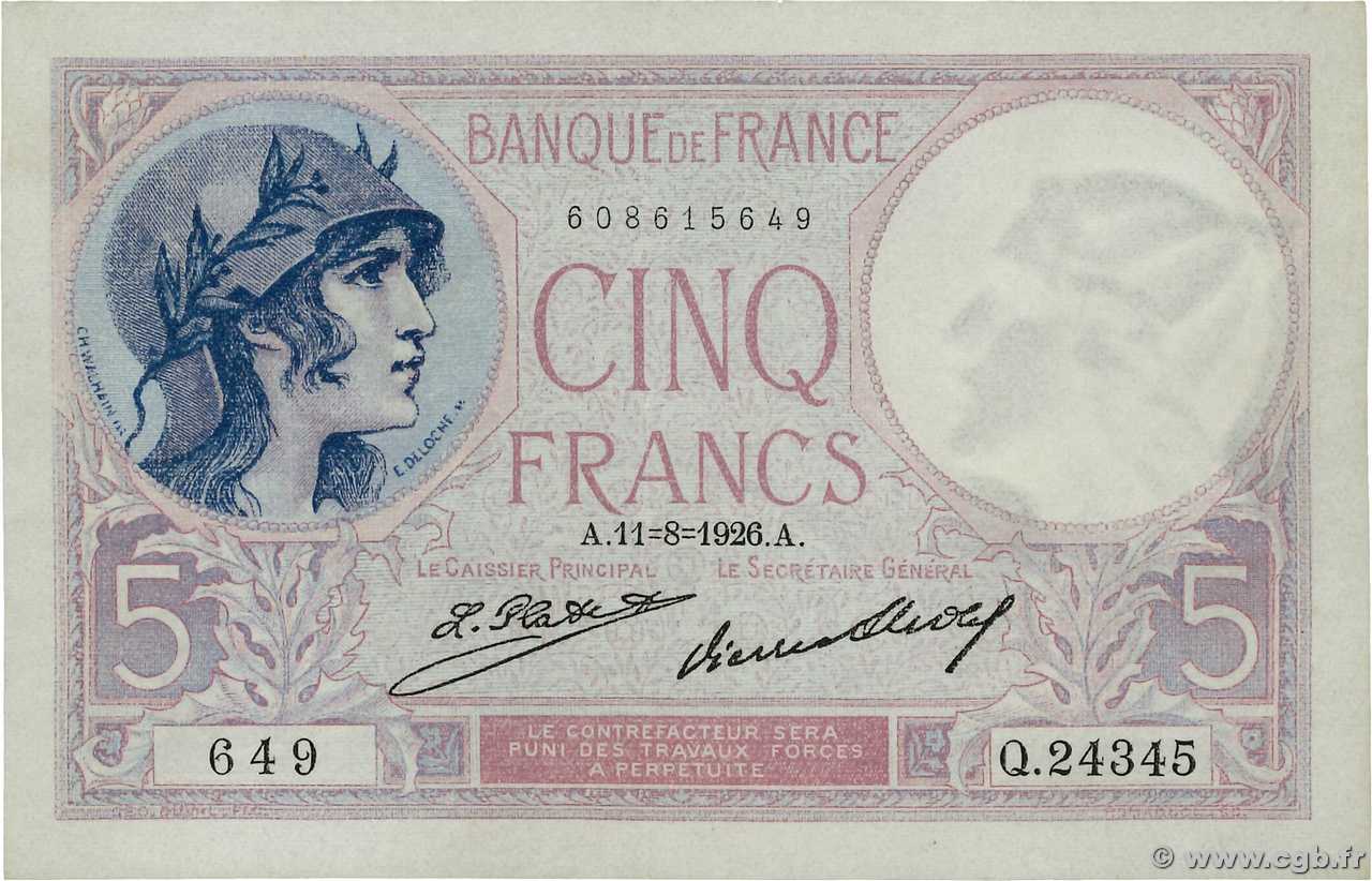 5 Francs FEMME CASQUÉE FRANCE  1926 F.03.10 VF