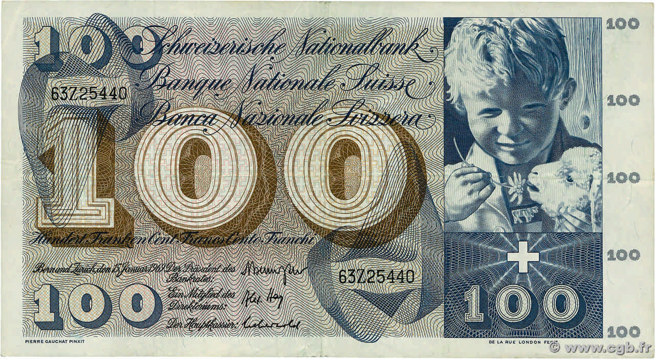 100 Francs SWITZERLAND  1969 P.49k F+