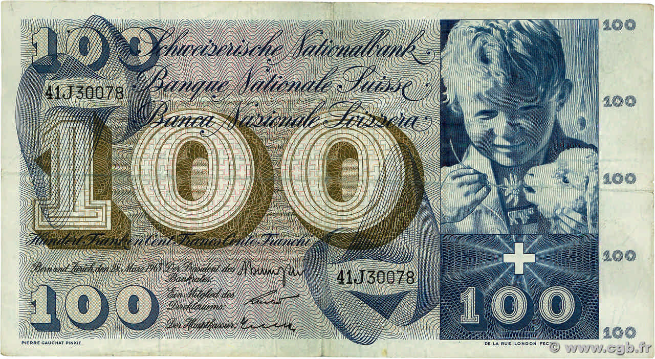 100 Francs SWITZERLAND  1963 P.49e F+