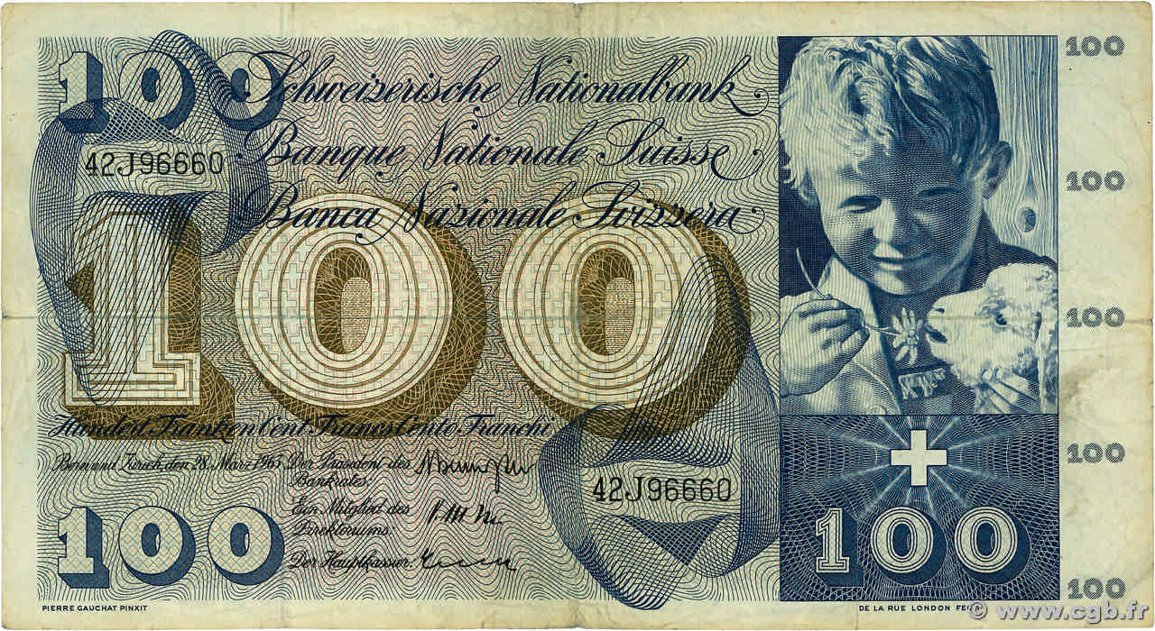 100 Francs SWITZERLAND  1963 P.49e F
