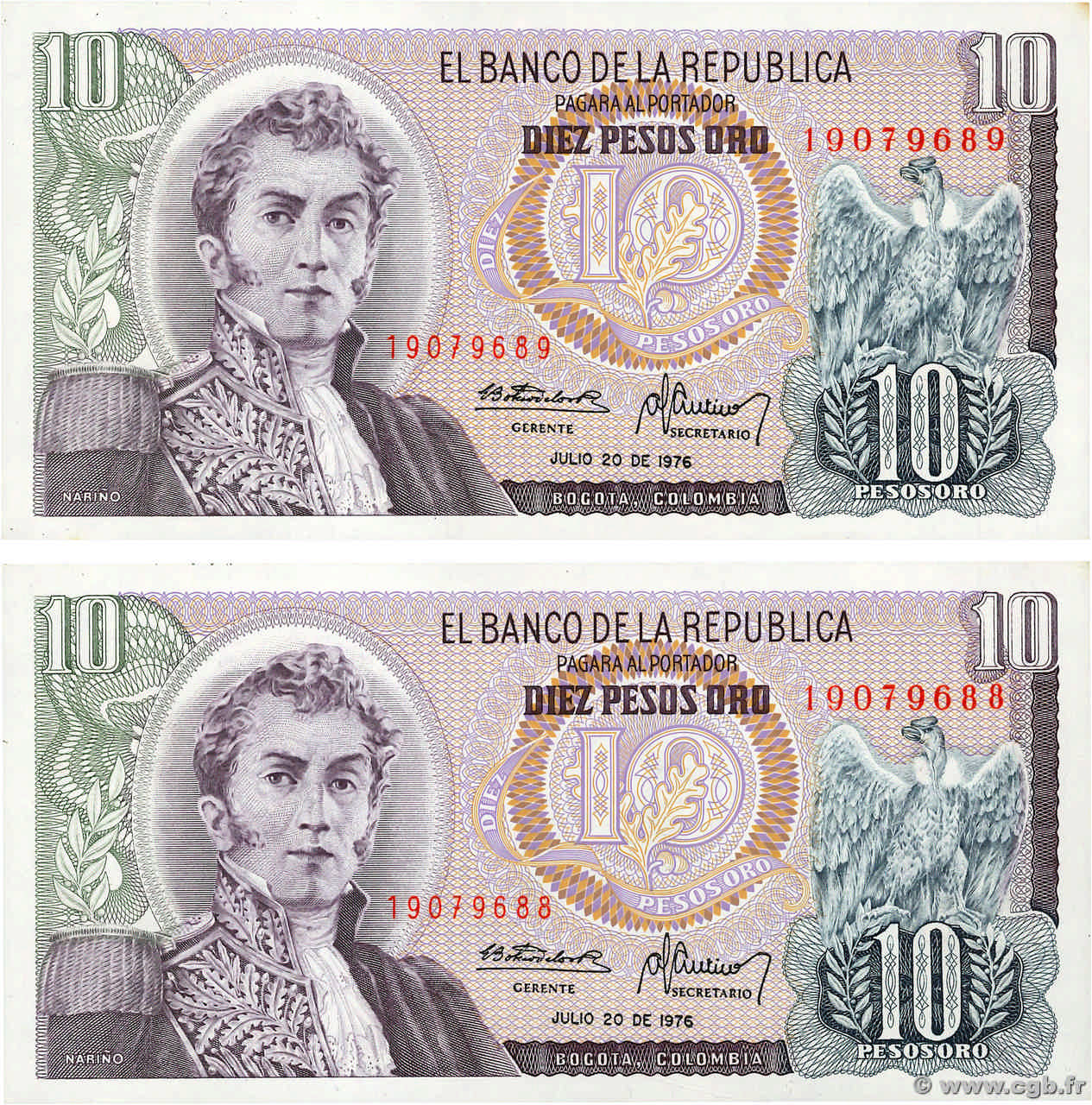 10 Pesos Oro Consécutifs COLOMBIA  1976 P.407f UNC-