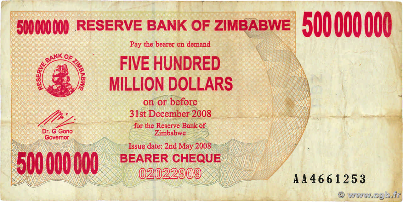 500 Millions Dollars ZIMBABWE  2008 P.60 TB