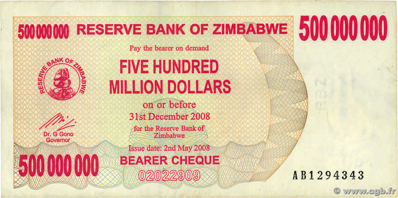 500 Millions Dollars ZIMBABWE  2008 P.60 BB