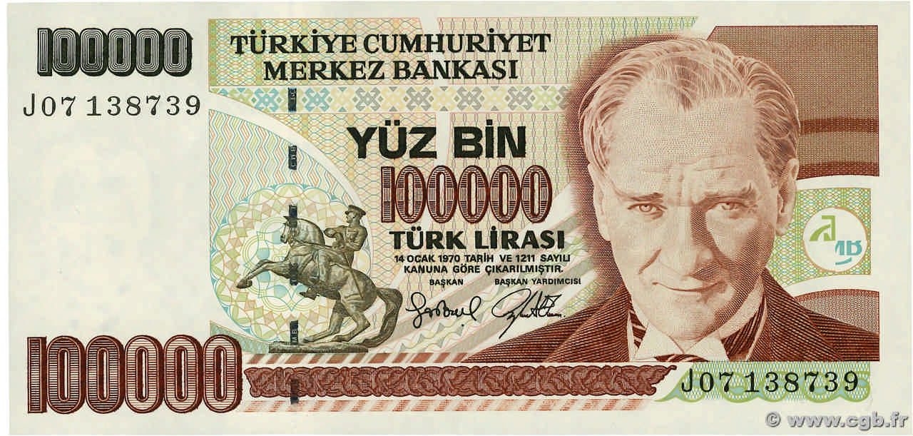 100000 Lira TURCHIA  1997 P.206 AU