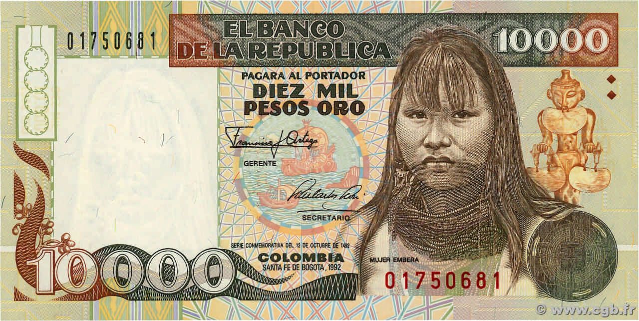 10000 Pesos Oro COLOMBIA  1992 P.437 UNC