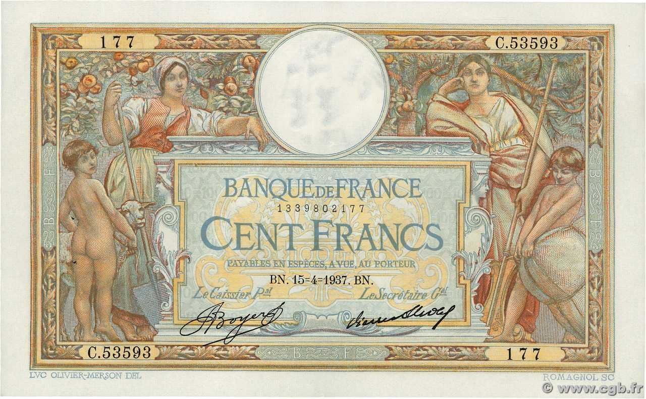 100 Francs LUC OLIVIER MERSON grands cartouches FRANCE  1937 F.24.16 XF+