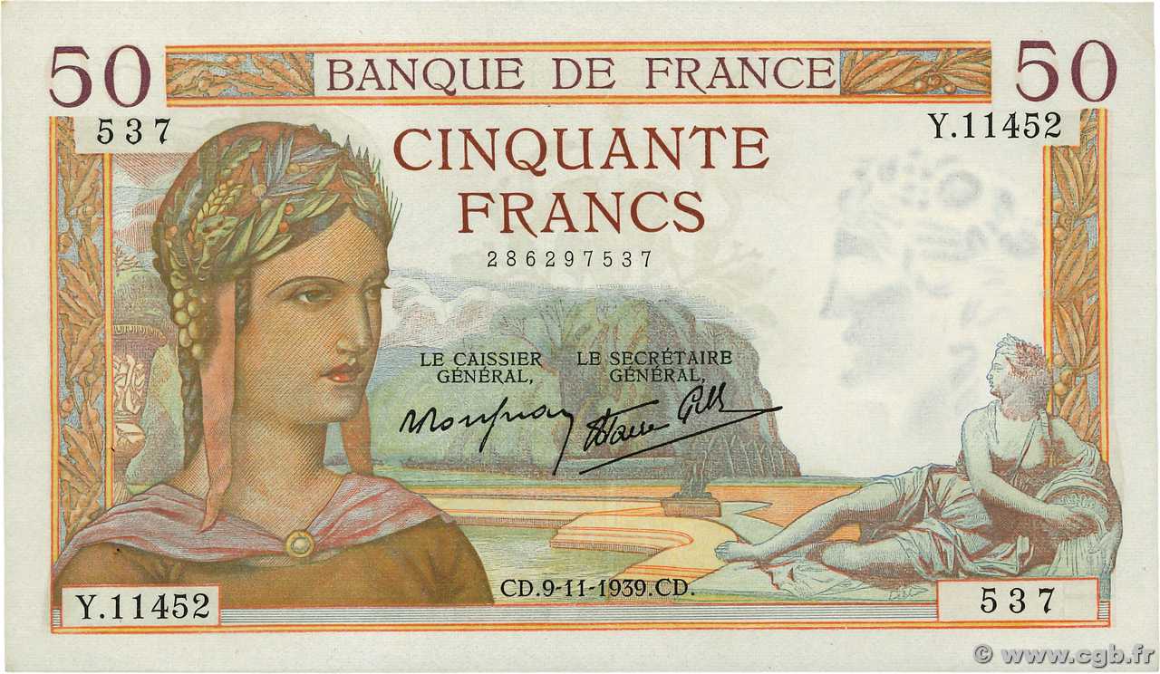 50 Francs CÉRÈS modifié FRANKREICH  1939 F.18.34 VZ