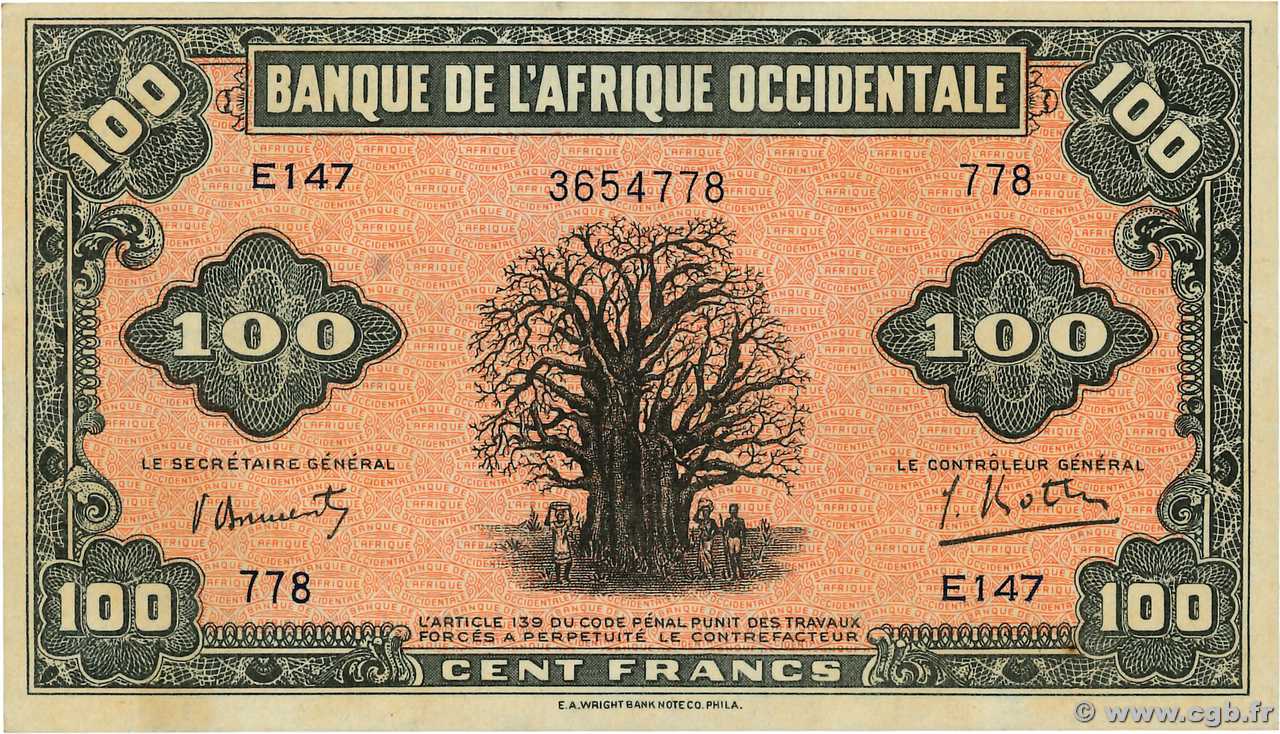 100 Francs FRENCH WEST AFRICA  1942 P.31a UNC-