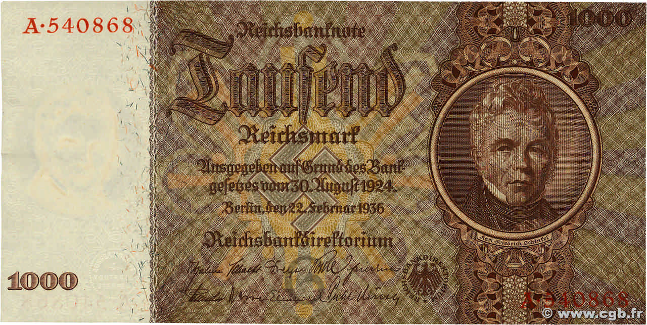 1000 Reichsmark DEUTSCHLAND  1936 P.184 fST+