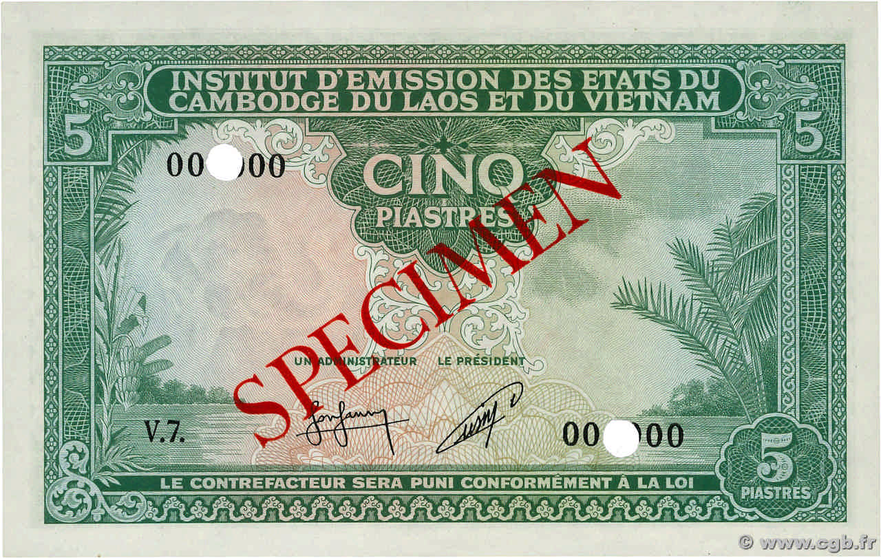 5 Piastres - 5 Riels Spécimen INDOCHINE FRANÇAISE  1953 P.095s SPL+