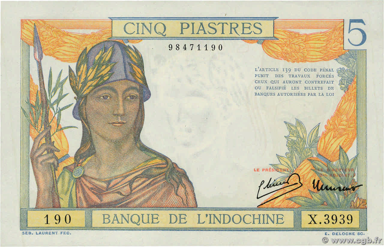 5 Piastres INDOCHINE FRANÇAISE  1946 P.055c SPL