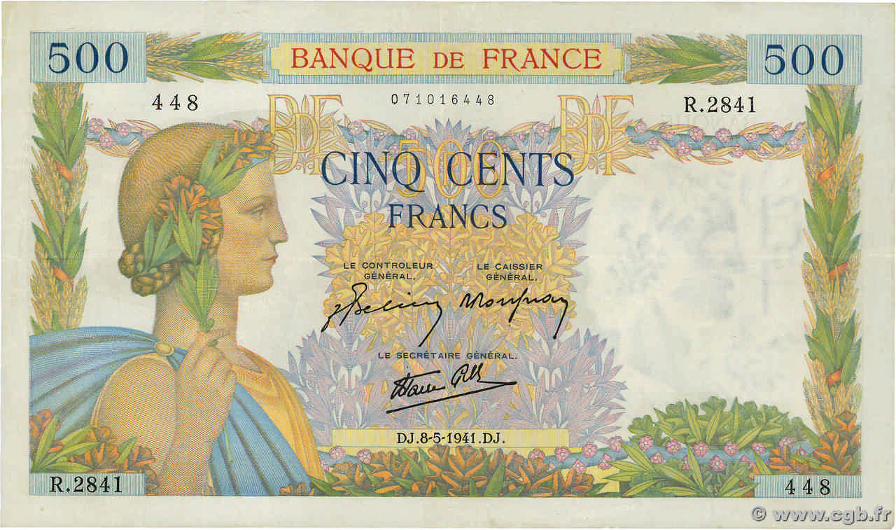 500 Francs LA PAIX FRANKREICH  1941 F.32.16 fVZ