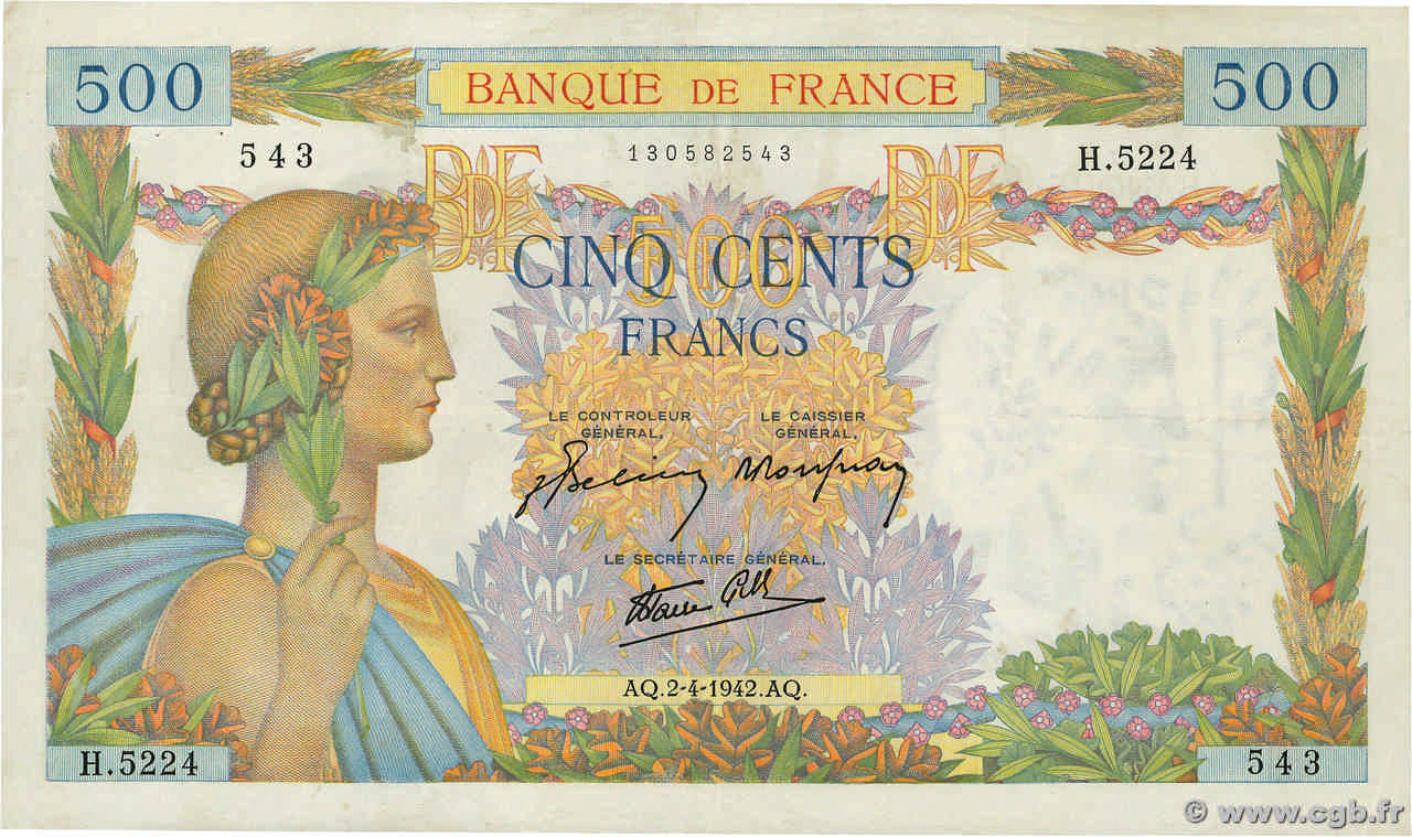 500 Francs LA PAIX FRANCE  1942 F.32.33 VF