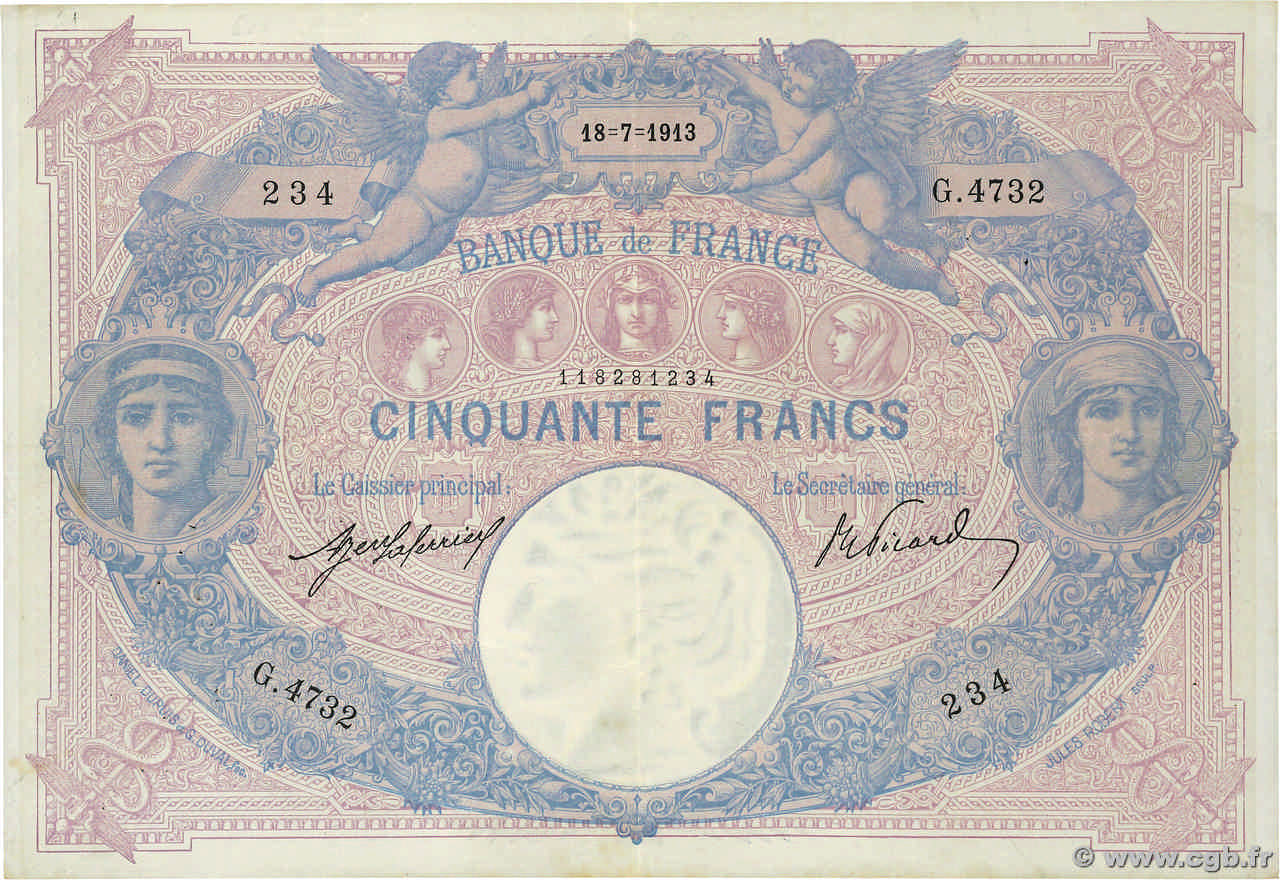 50 Francs BLEU ET ROSE FRANCIA  1913 F.14.26 BC+