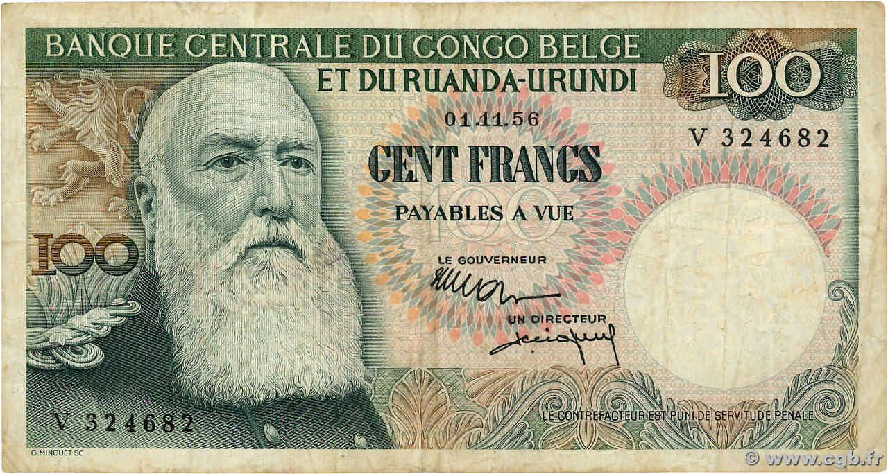 100 Francs BELGIAN CONGO  1956 P.33a F