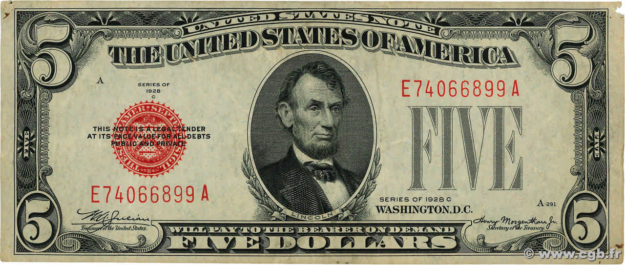 5 Dollars STATI UNITI D AMERICA  1928 P.379c q.BB