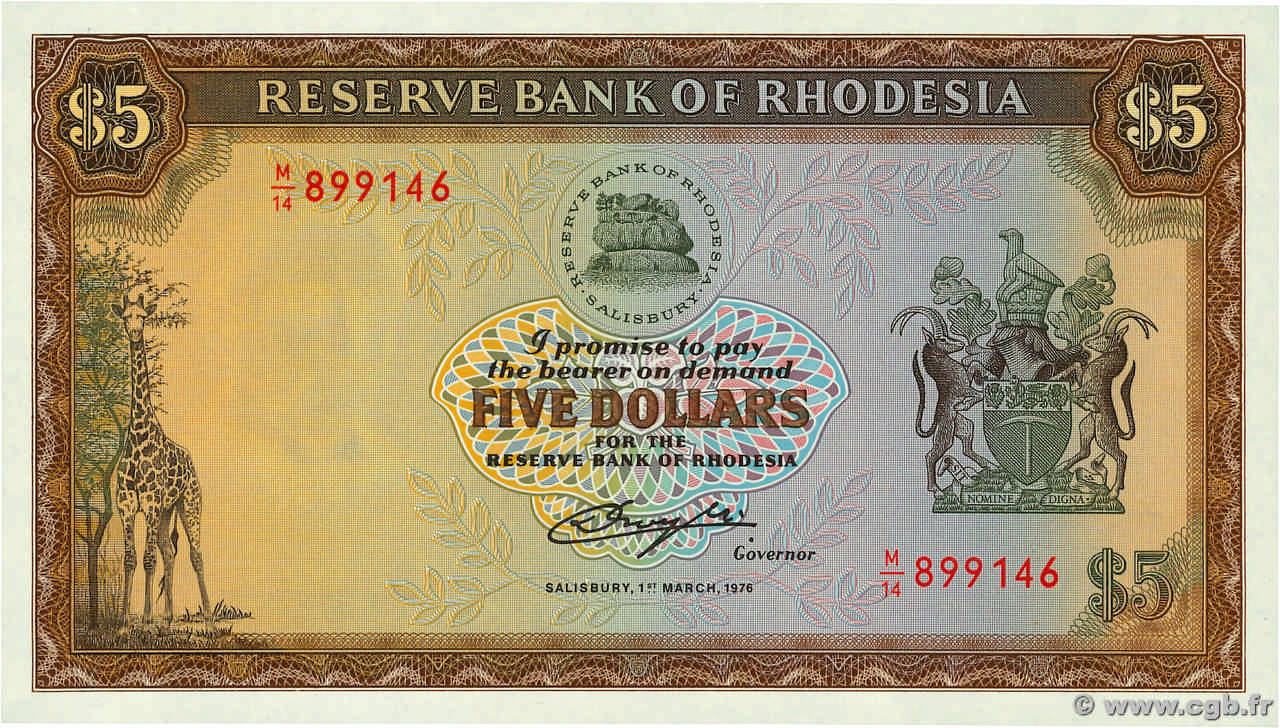 5 Dollars RHODESIA  1976 P.36a UNC-