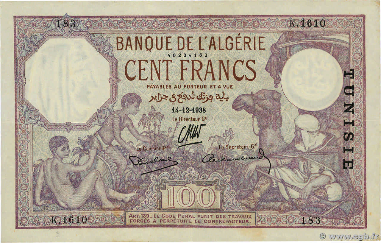 100 Francs TUNISIE  1938 P.10c TTB