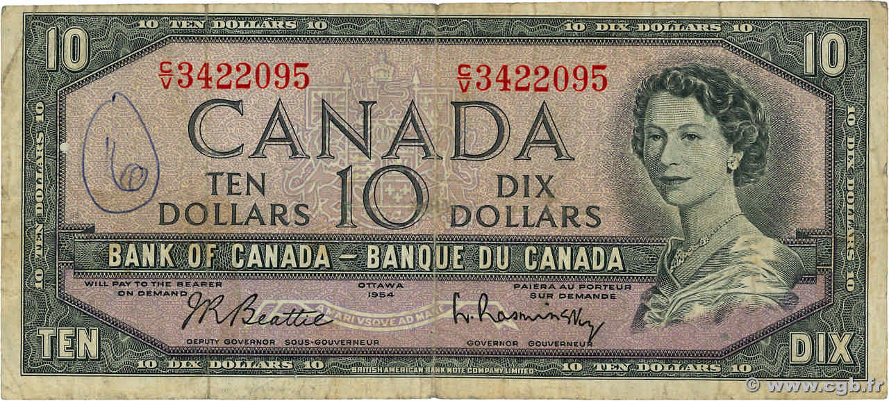 10 Dollars CANADA  1954 P.079b B+