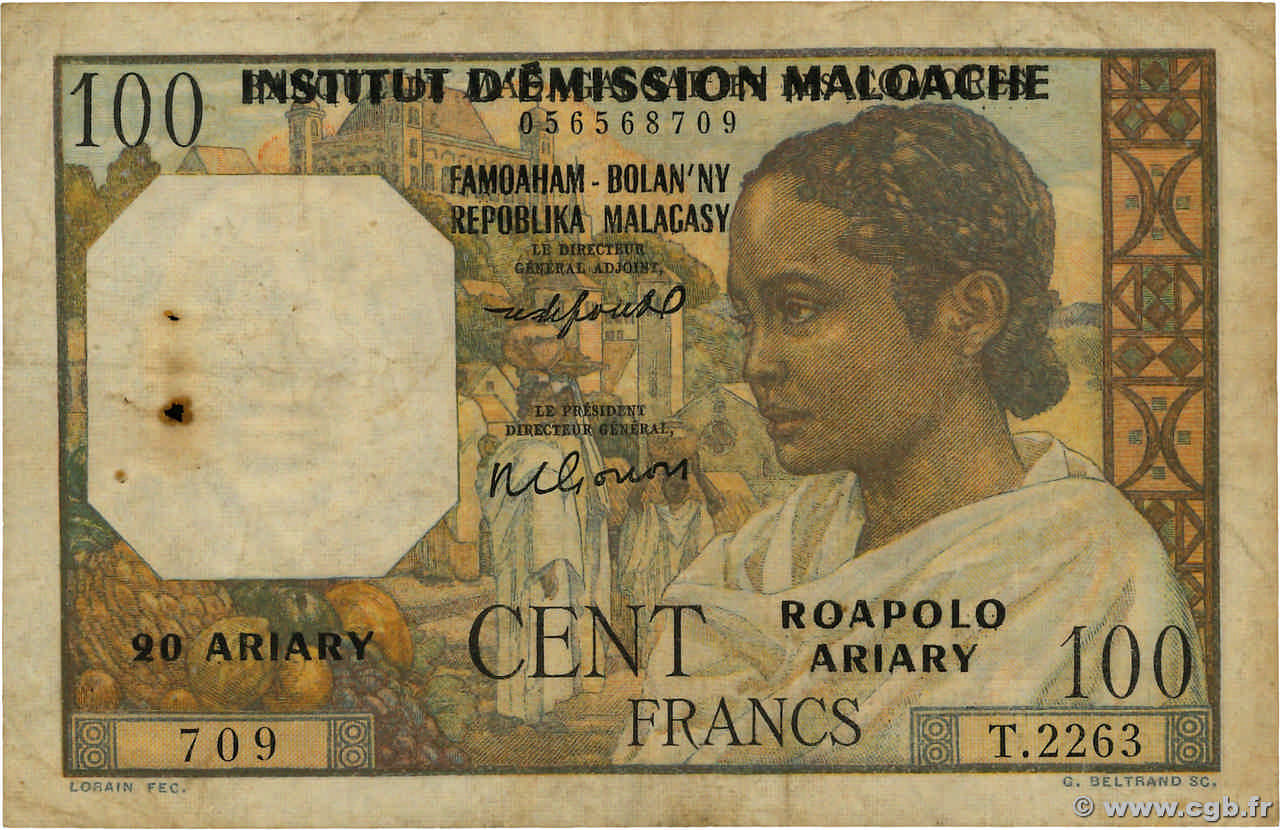100 Francs - 20 Ariary MADAGASCAR  1961 P.052 TB