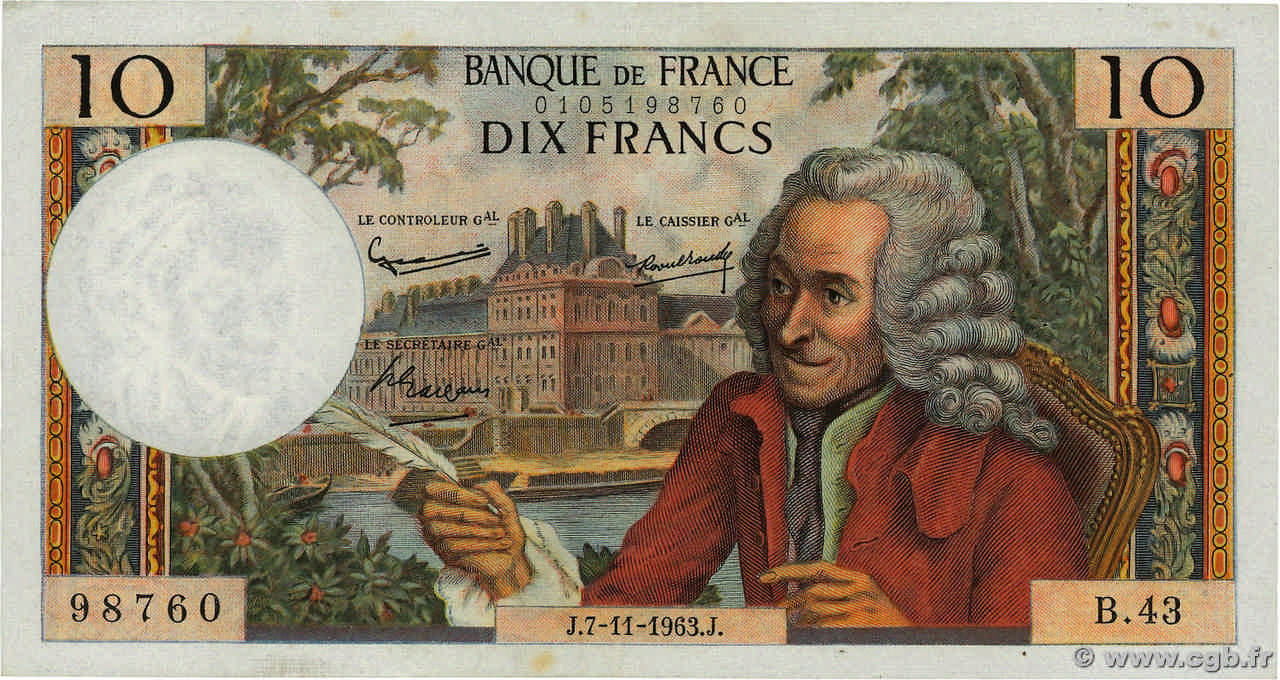 10 Francs VOLTAIRE FRANCE  1963 F.62.05 VF+
