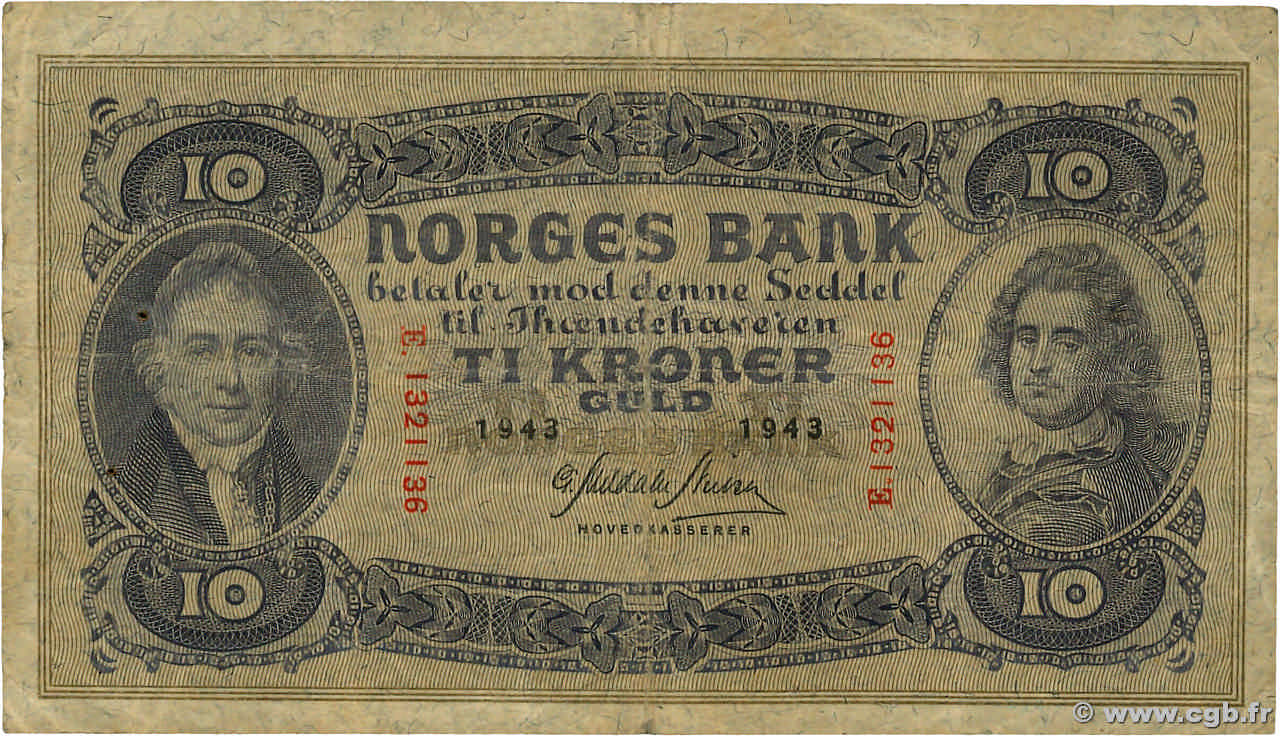 10 Kroner NORVÈGE  1943 P.08c VG