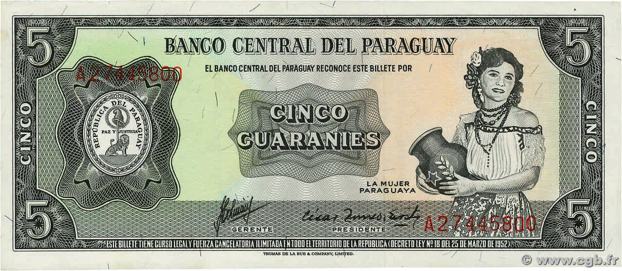 5 Guaranies PARAGUAY  1963 P.195 SPL